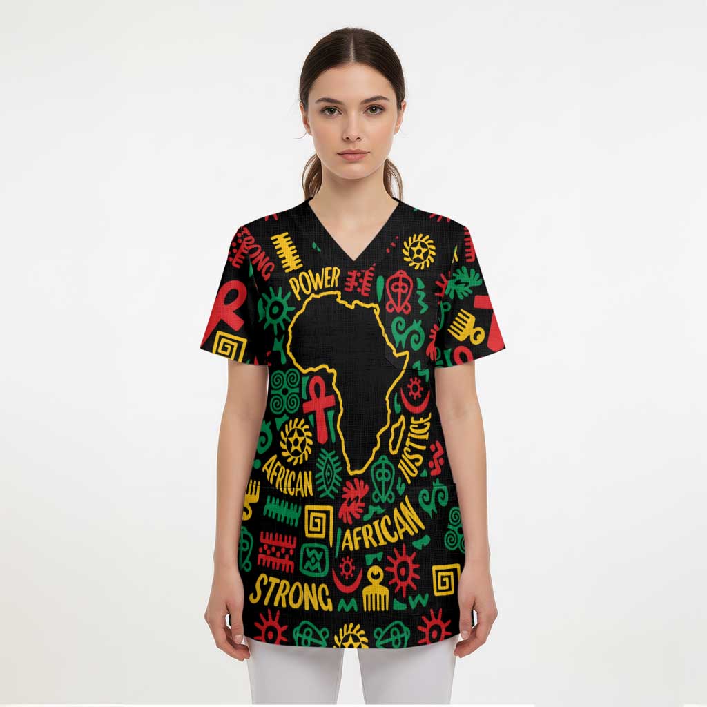 African Map Symbol Scrub Top with Red Yellow Green Tribal Symbols and Empowering Pattern - Wonder Print Shop