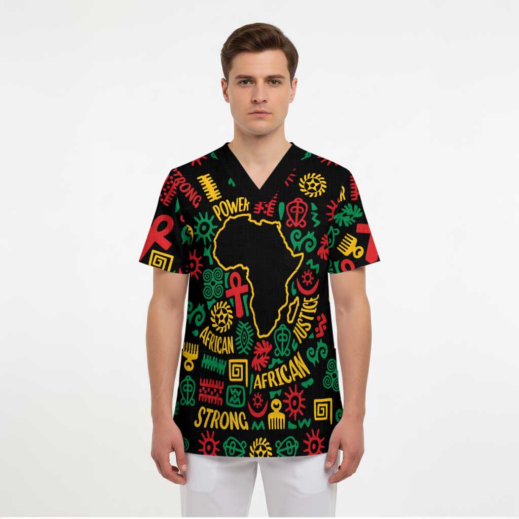 African Map Symbol Scrub Top with Red Yellow Green Tribal Symbols and Empowering Pattern - Wonder Print Shop