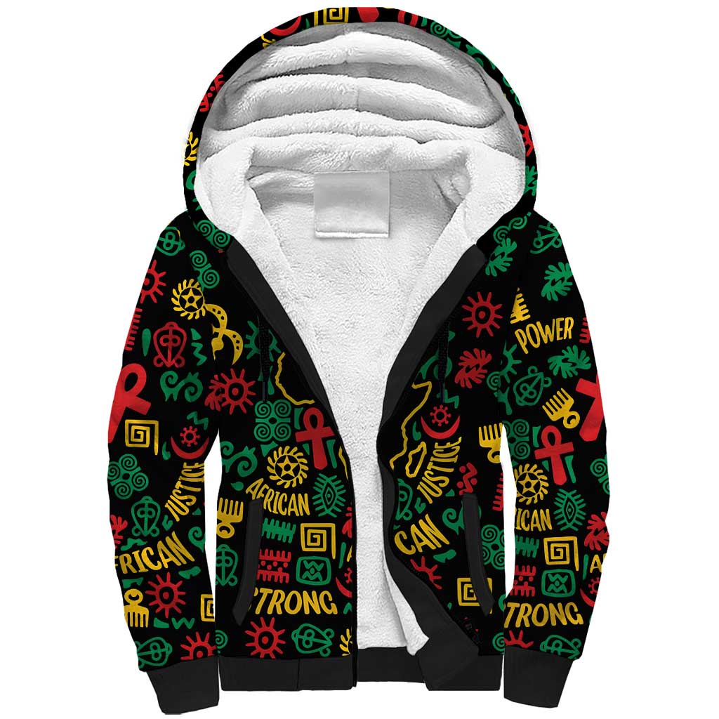 African Map Symbol Sherpa Hoodie with Red Yellow Green Tribal Symbols and Empowering Pattern - Wonder Print Shop