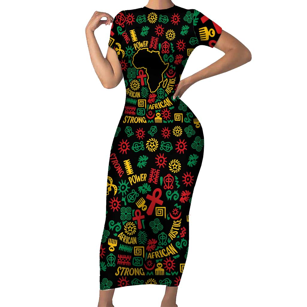 African Map Symbol Short Sleeve Bodycon Dress with Red Yellow Green Tribal Symbols and Empowering Pattern - Wonder Print Shop