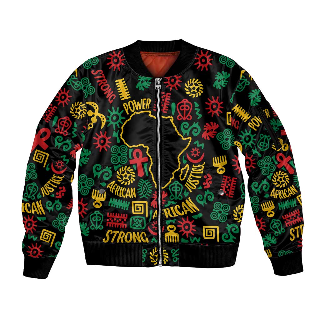 African Map Symbol Sleeve Zip Bomber Jacket with Red Yellow Green Tribal Symbols and Empowering Pattern - Wonder Print Shop