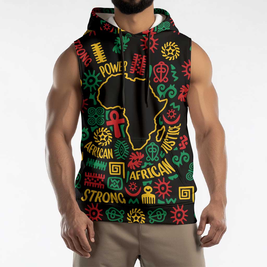 African Map Symbol Sleeveless Hoodie with Red Yellow Green Tribal Symbols and Empowering Pattern - Wonder Print Shop