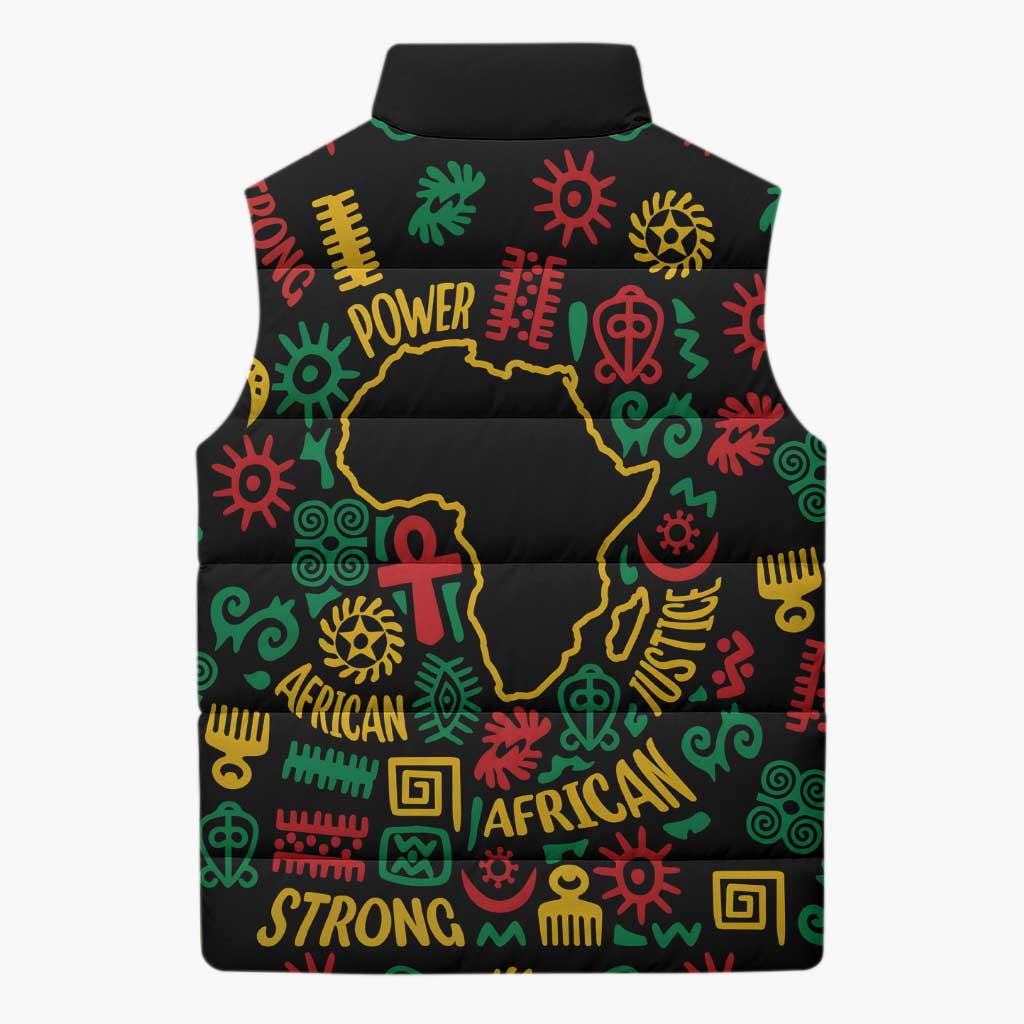 African Map Symbol Sleeveless Puffer Jacket with Red Yellow Green Tribal Symbols and Empowering Pattern - Wonder Print Shop