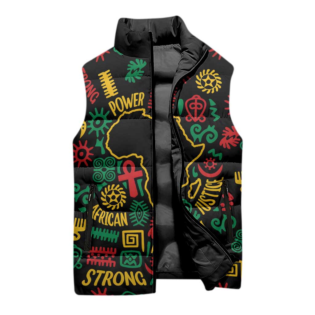 African Map Symbol Sleeveless Puffer Jacket with Red Yellow Green Tribal Symbols and Empowering Pattern - Wonder Print Shop