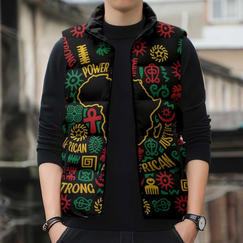 African Map Symbol Sleeveless Puffer Jacket with Red Yellow Green Tribal Symbols and Empowering Pattern - Wonder Print Shop