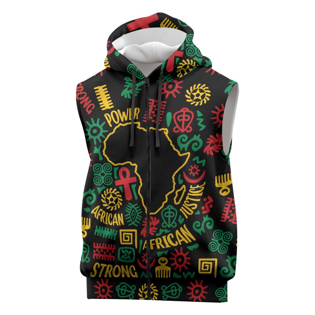 African Map Symbol Sleeveless Zip Hoodie with Red Yellow Green Tribal Symbols and Empowering Pattern - Wonder Print Shop