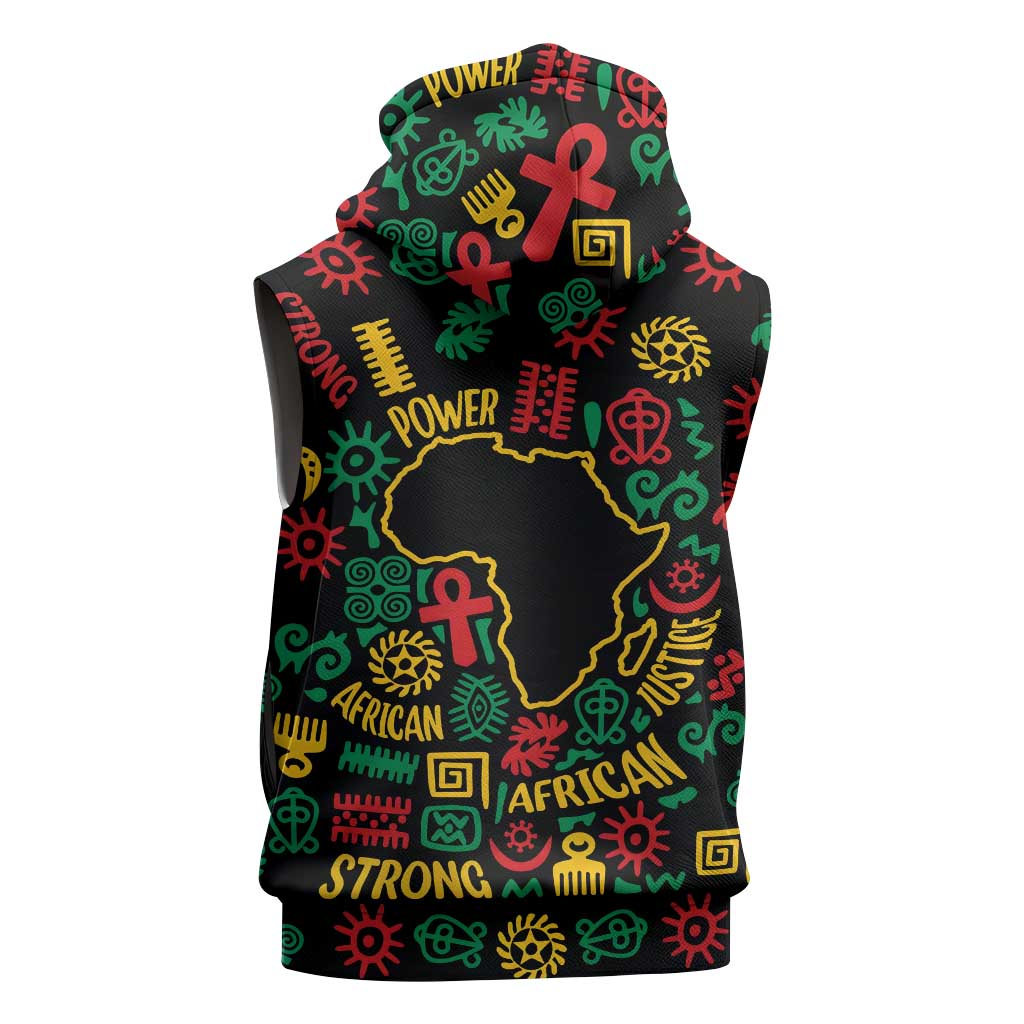 African Map Symbol Sleeveless Zip Hoodie with Red Yellow Green Tribal Symbols and Empowering Pattern - Wonder Print Shop