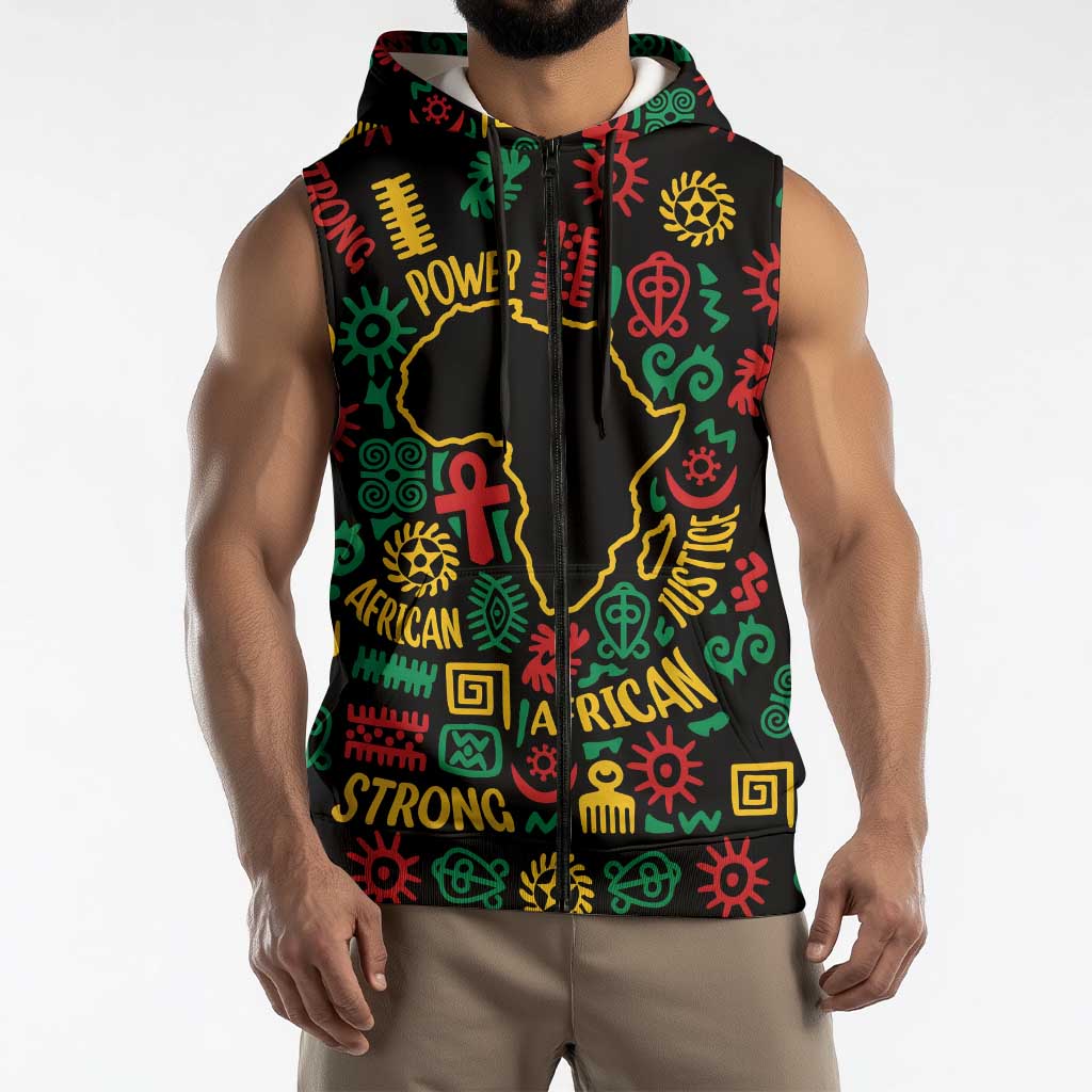 African Map Symbol Sleeveless Zip Hoodie with Red Yellow Green Tribal Symbols and Empowering Pattern - Wonder Print Shop