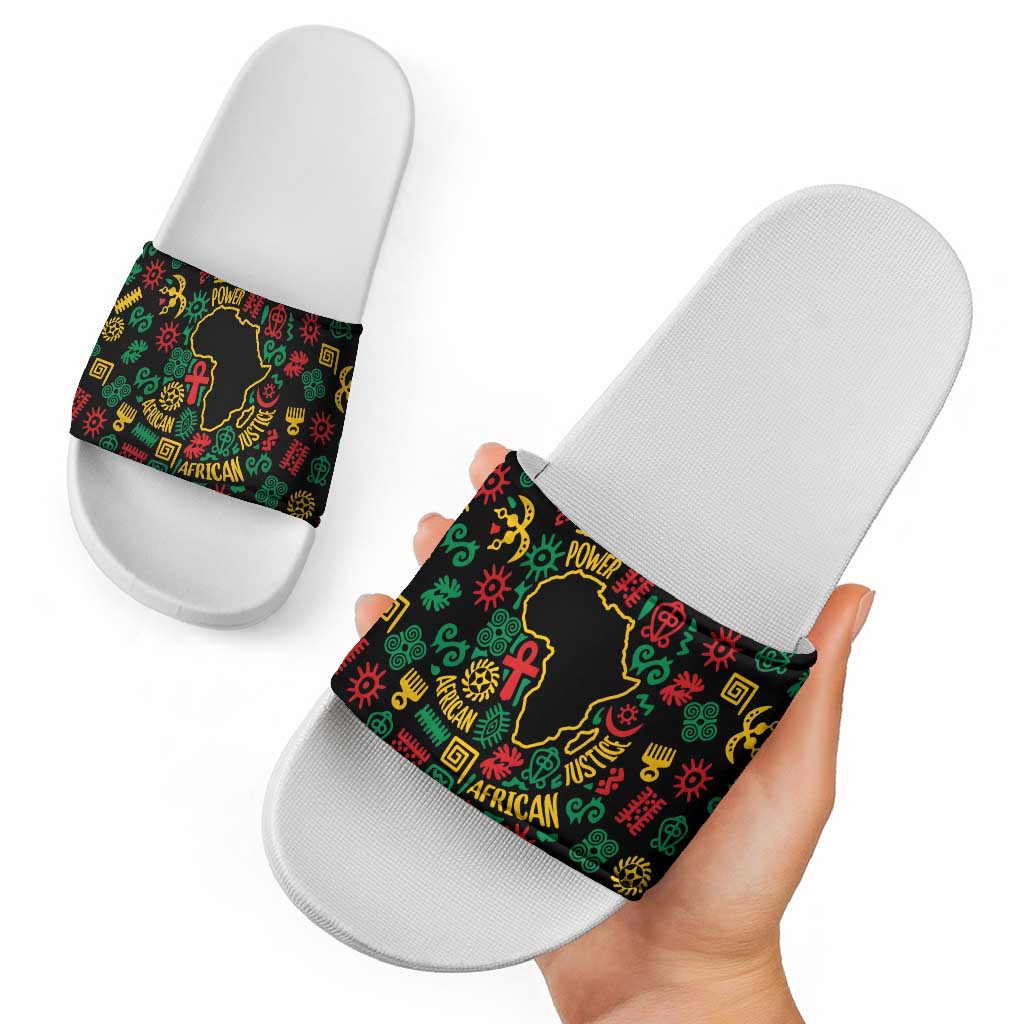 African Map Symbol Slide Sandals with Red Yellow Green Tribal Symbols and Empowering Pattern - Wonder Print Shop