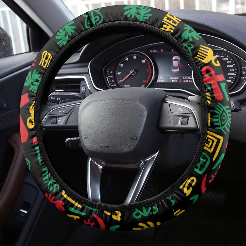 African Map Symbol Steering Wheel Cover with Red Yellow Green Tribal Symbols and Empowering Pattern - Wonder Print Shop