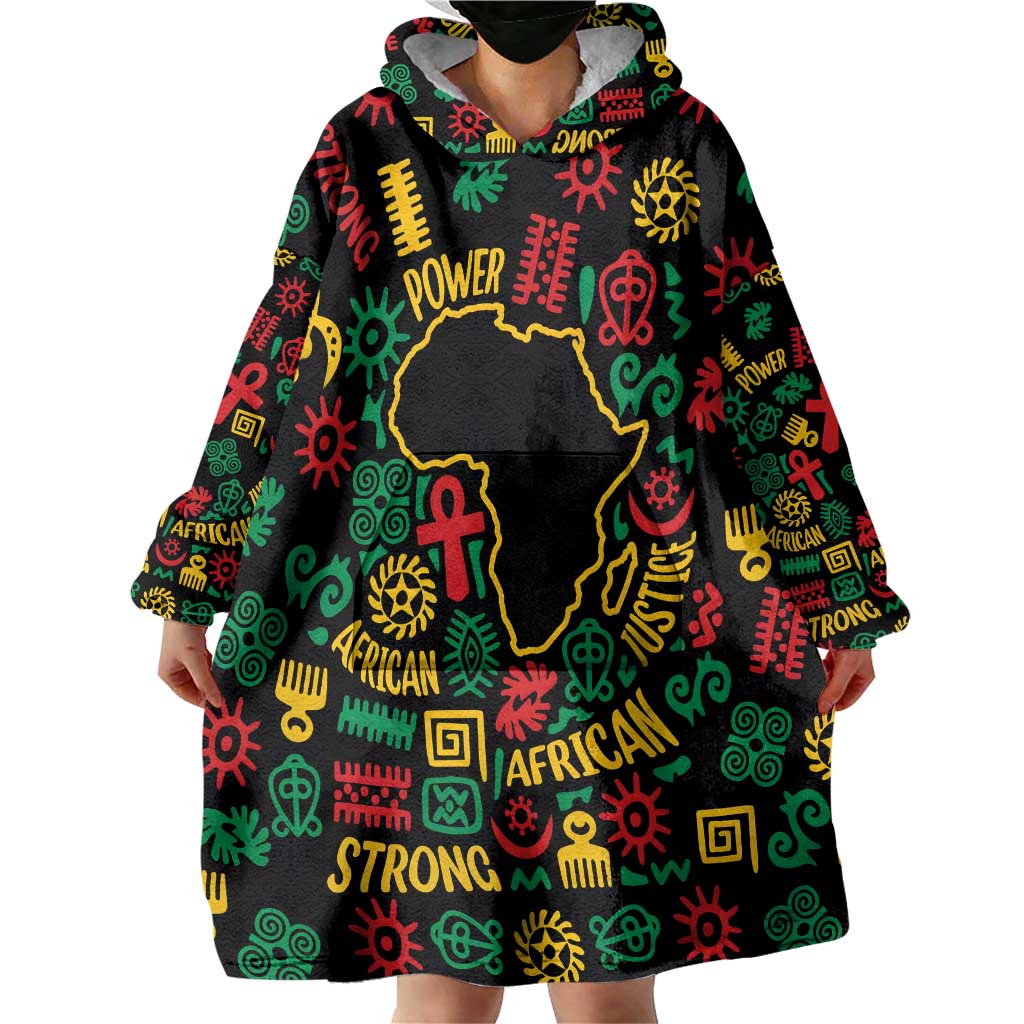 African Map Symbol Wearable Blanket Hoodie with Red Yellow Green Tribal Symbols and Empowering Pattern - Wonder Print Shop
