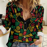 African Map Symbol Women Casual Shirt with Red Yellow Green Tribal Symbols and Empowering Pattern - Wonder Print Shop