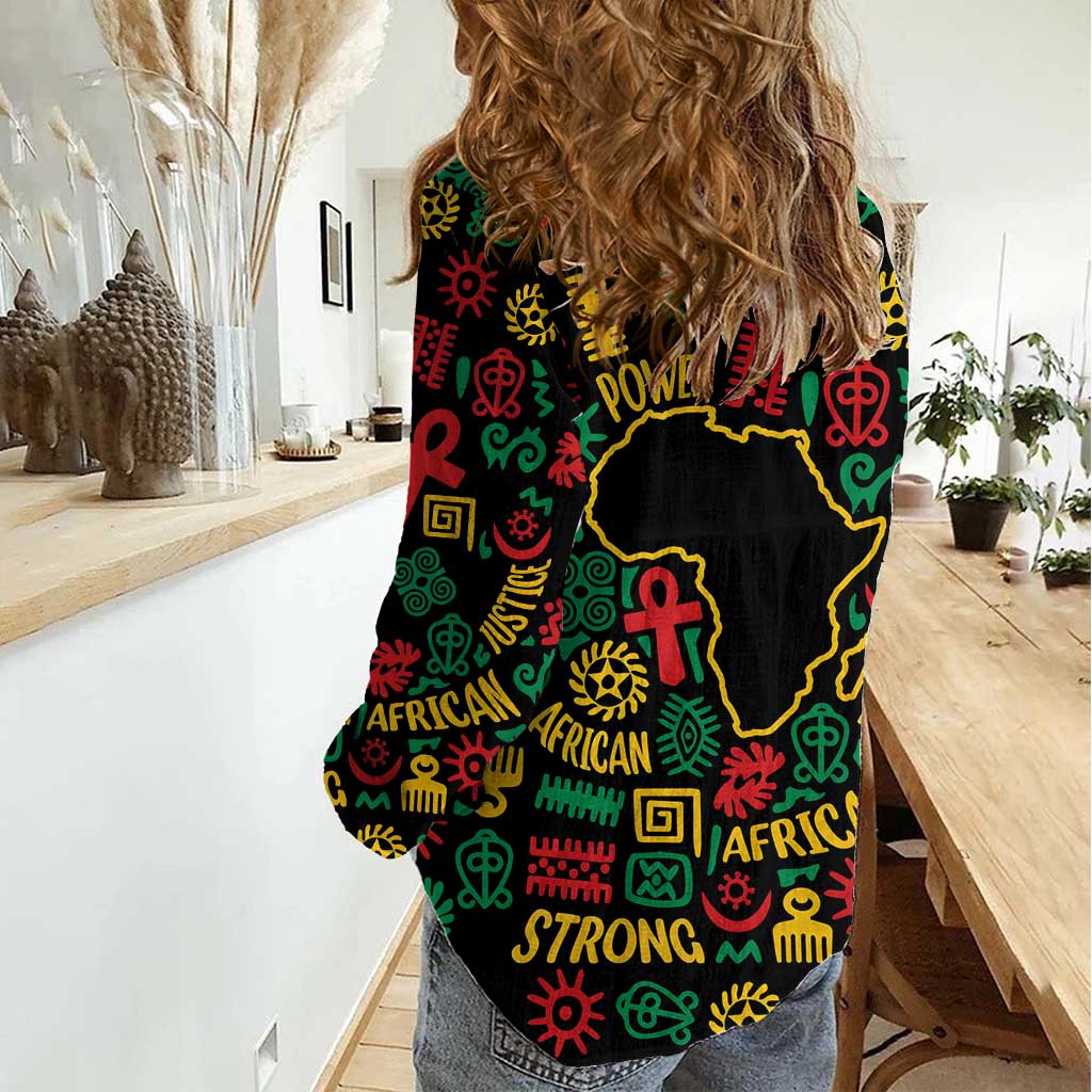 African Map Symbol Women Casual Shirt with Red Yellow Green Tribal Symbols and Empowering Pattern - Wonder Print Shop