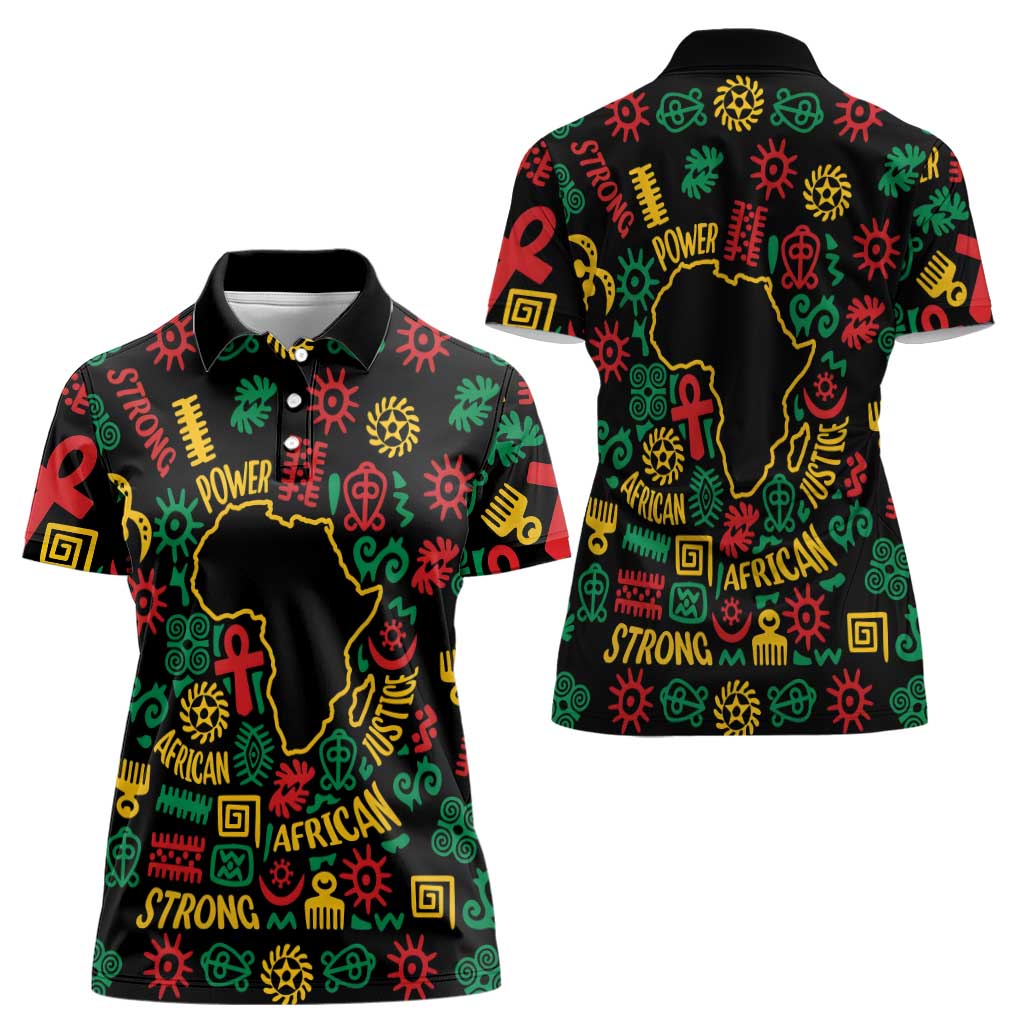 African Map Symbol Women Polo Shirt with Red Yellow Green Tribal Symbols and Empowering Pattern - Wonder Print Shop