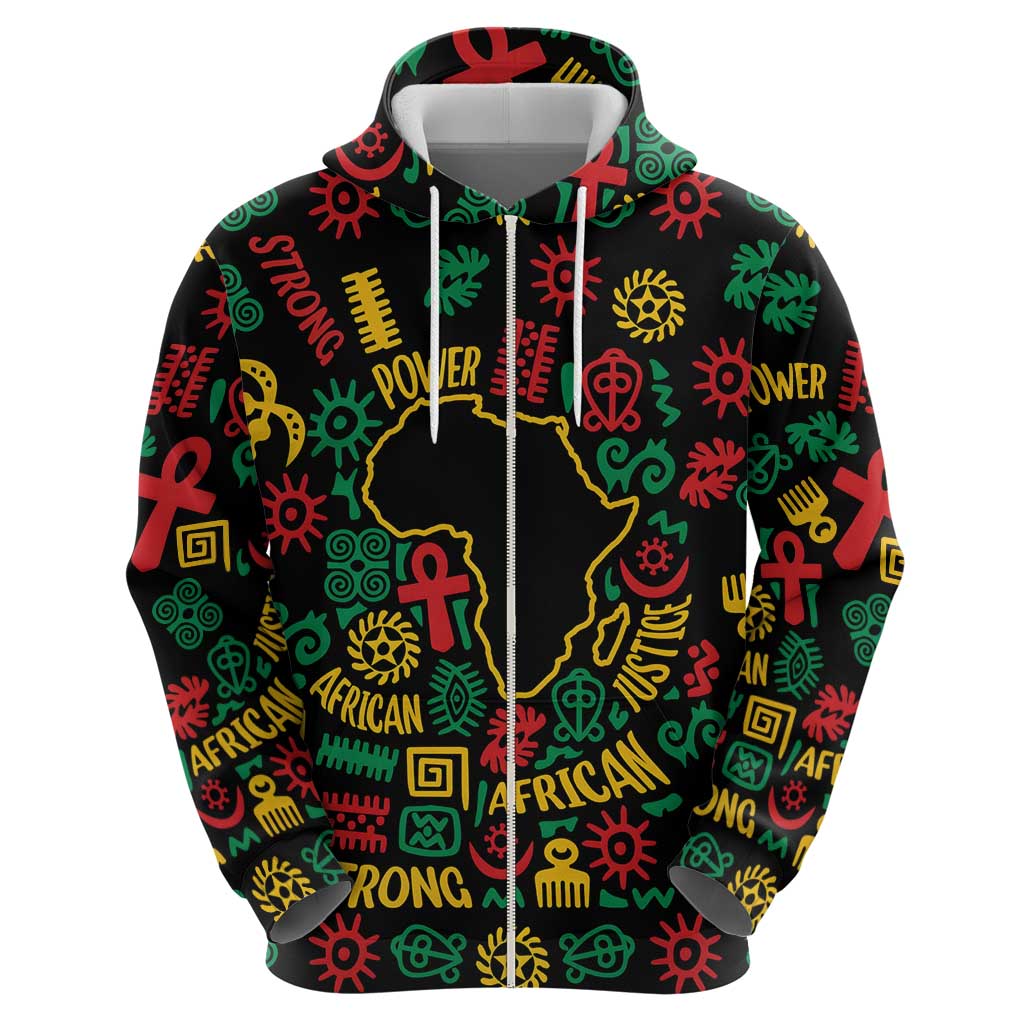 African Map Symbol Zip Hoodie with Red Yellow Green Tribal Symbols and Empowering Pattern - Wonder Print Shop