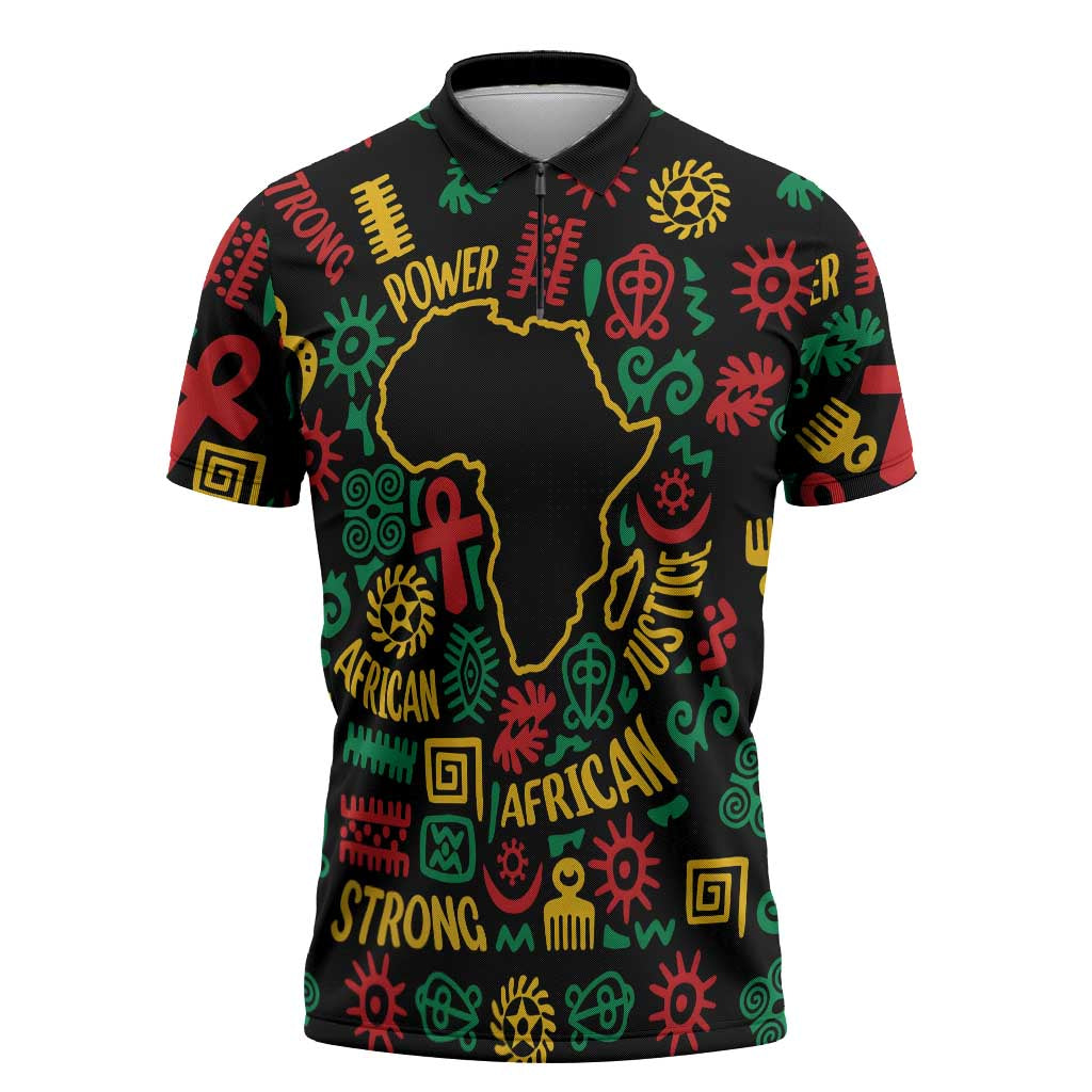 African Map Symbol Zipper Polo Shirt with Red Yellow Green Tribal Symbols and Empowering Pattern - Wonder Print Shop