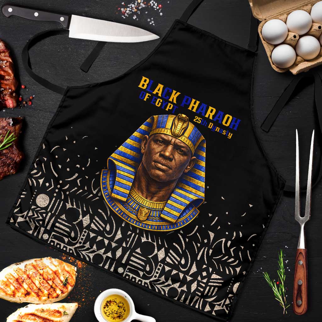 Taharqa Apron with Black Pharaoh Portrait, 25th Dynasty of Egypt Text and Nubian-Inspired - Wonder Print Shop