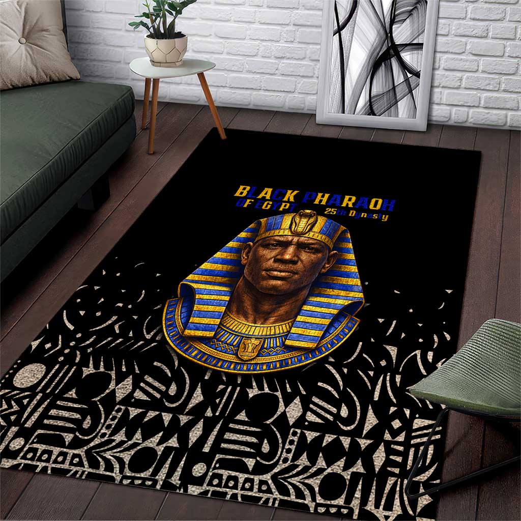 Taharqa Area Rug with Black Pharaoh Portrait, 25th Dynasty of Egypt Text and Nubian-Inspired - Wonder Print Shop