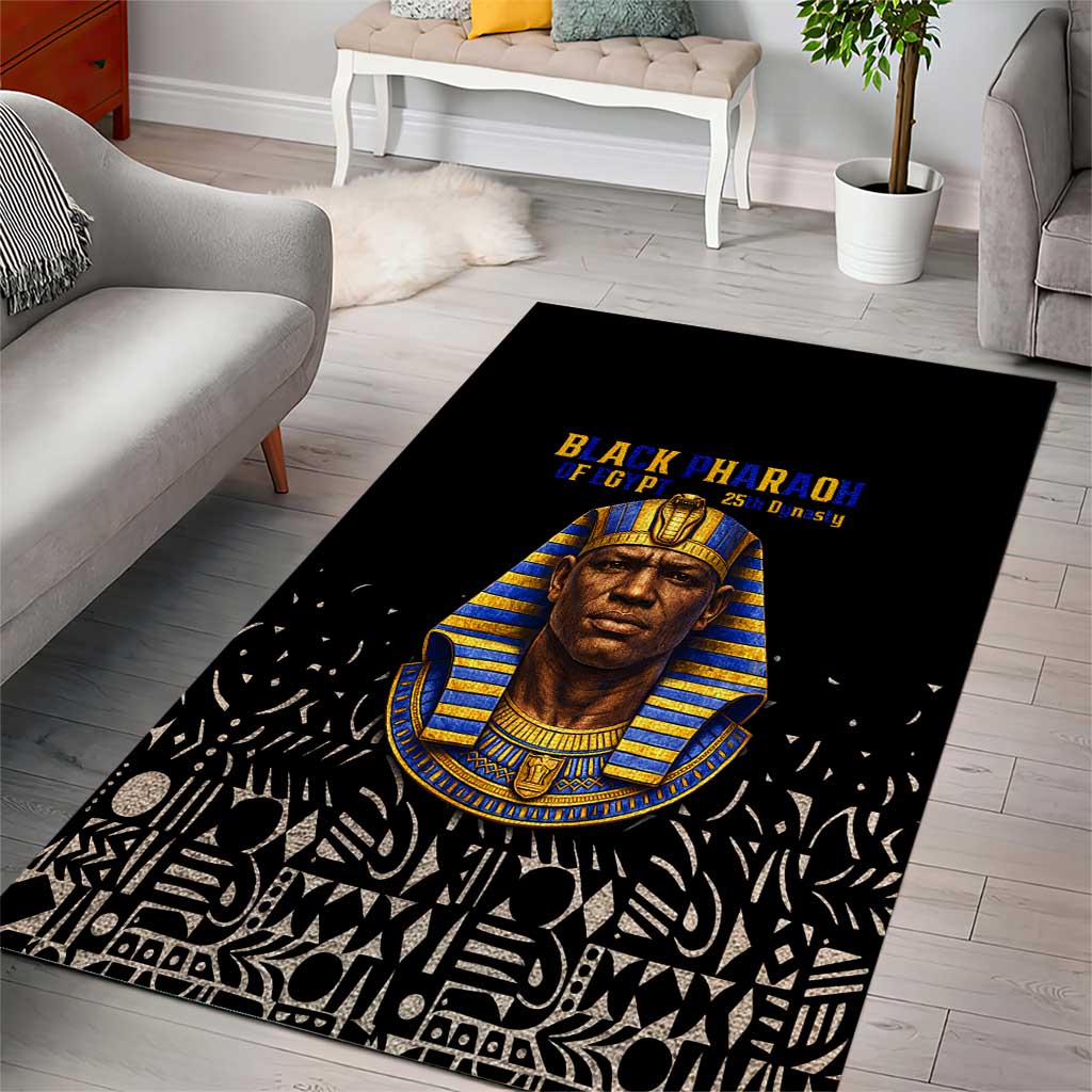 Taharqa Area Rug with Black Pharaoh Portrait, 25th Dynasty of Egypt Text and Nubian-Inspired - Wonder Print Shop