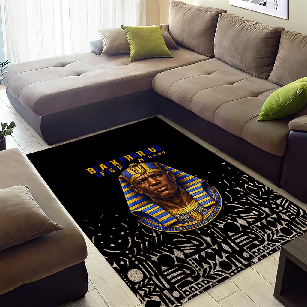 Taharqa Area Rug with Black Pharaoh Portrait, 25th Dynasty of Egypt Text and Nubian-Inspired - Wonder Print Shop