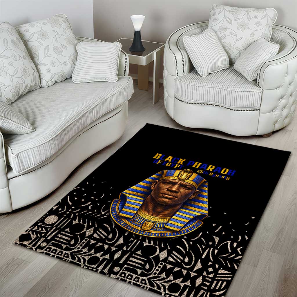 Taharqa Area Rug with Black Pharaoh Portrait, 25th Dynasty of Egypt Text and Nubian-Inspired - Wonder Print Shop