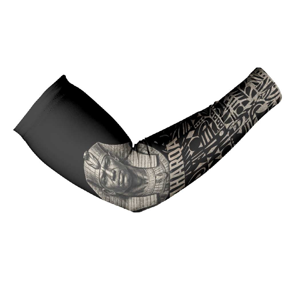 Taharqa Arm Sleeves with Black Pharaoh Portrait, 25th Dynasty of Egypt Text and Nubian-Inspired - Wonder Print Shop