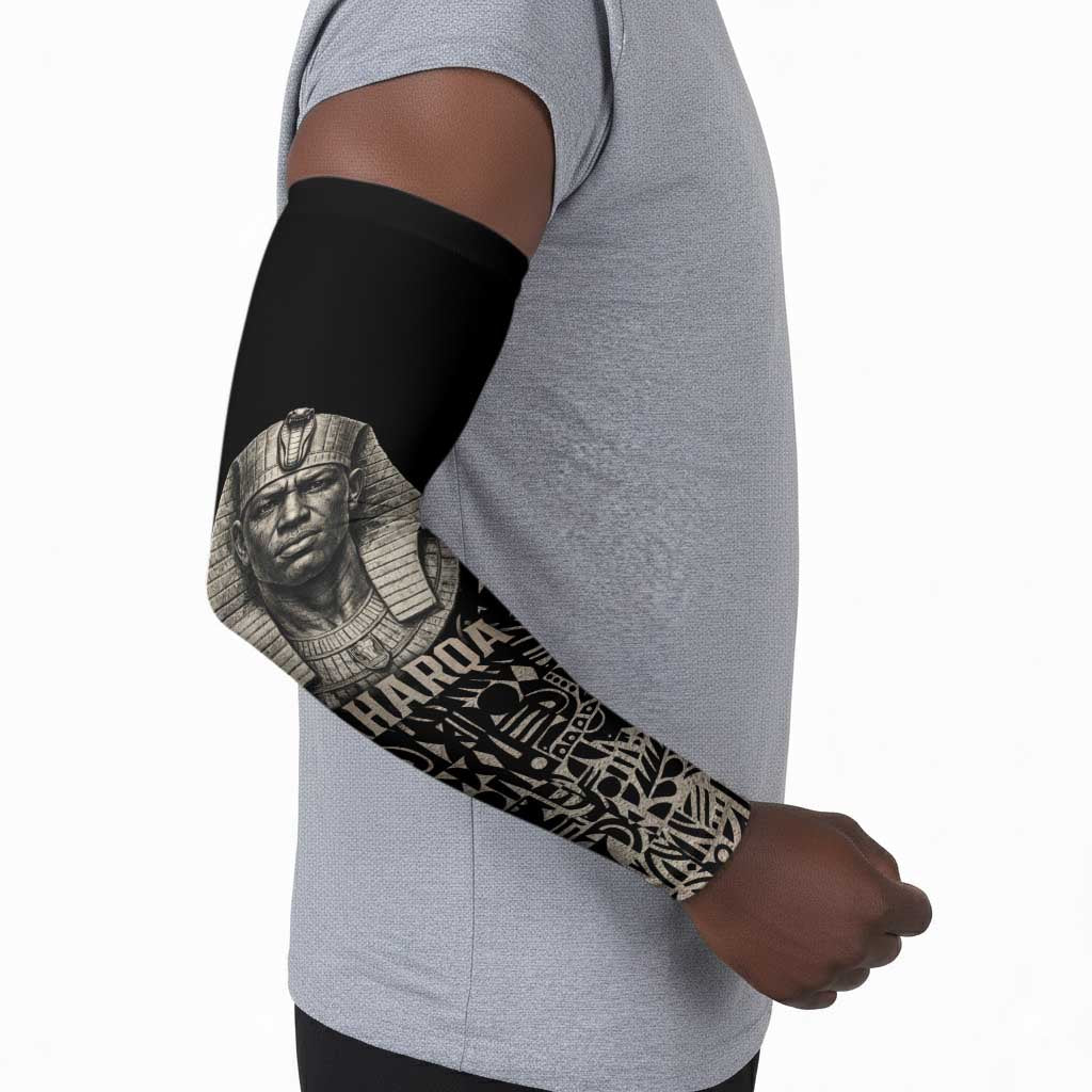 Taharqa Arm Sleeves with Black Pharaoh Portrait, 25th Dynasty of Egypt Text and Nubian-Inspired - Wonder Print Shop