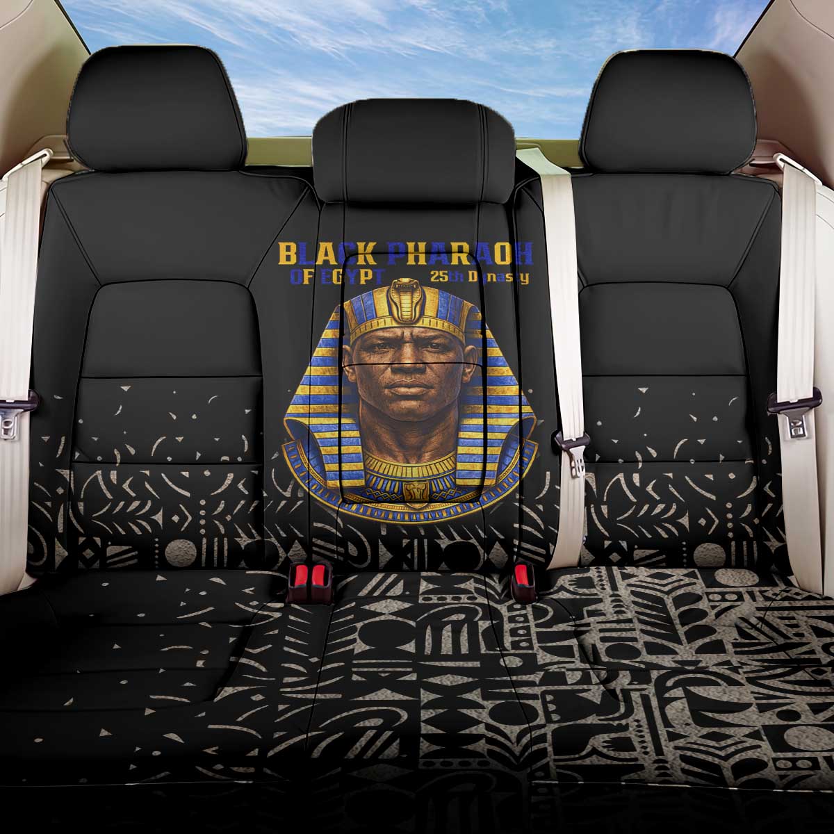 Taharqa Back Car Seat Cover with Black Pharaoh Portrait, 25th Dynasty of Egypt Text and Nubian-Inspired - Wonder Print Shop