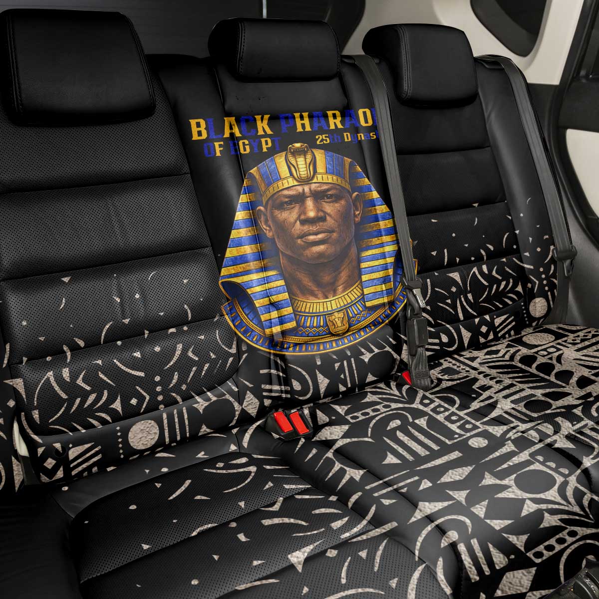 Taharqa Back Car Seat Cover with Black Pharaoh Portrait, 25th Dynasty of Egypt Text and Nubian-Inspired - Wonder Print Shop