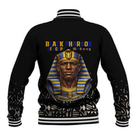 Taharqa Baseball Jacket with Black Pharaoh Portrait, 25th Dynasty of Egypt Text and Nubian-Inspired - Wonder Print Shop