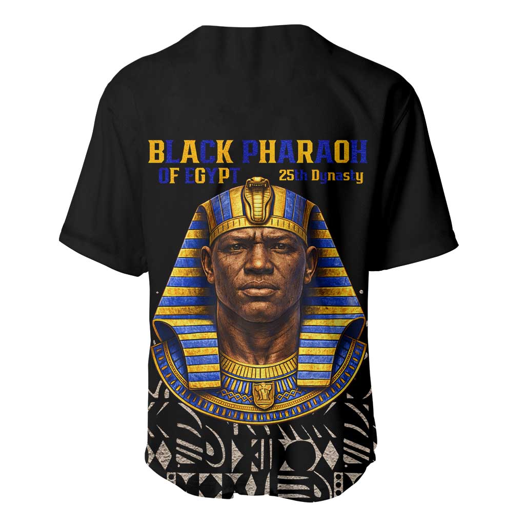 Taharqa Baseball Jersey with Black Pharaoh Portrait, 25th Dynasty of Egypt Text and Nubian-Inspired - Wonder Print Shop