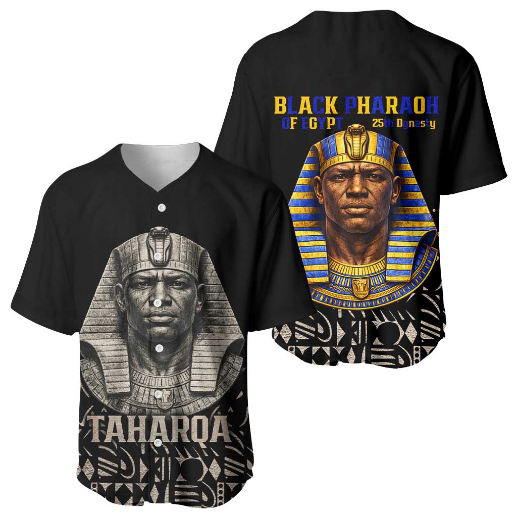 Taharqa Baseball Jersey with Black Pharaoh Portrait, 25th Dynasty of Egypt Text and Nubian-Inspired - Wonder Print Shop