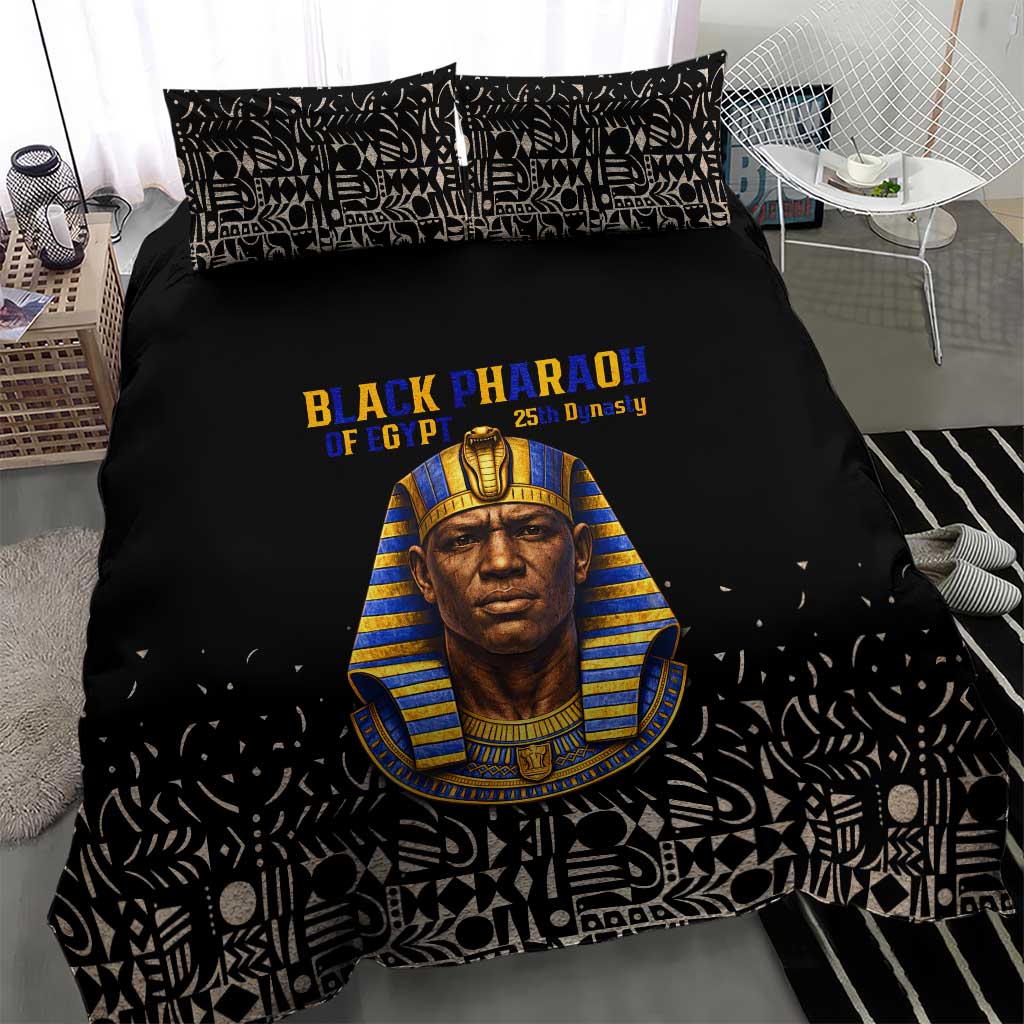 Taharqa Bedding Set with Black Pharaoh Portrait, 25th Dynasty of Egypt Text and Nubian-Inspired - Wonder Print Shop