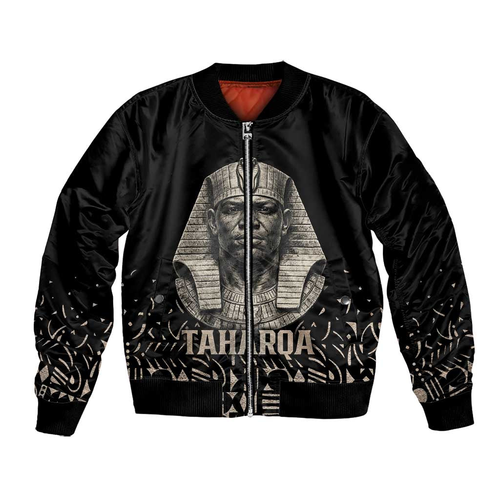 Taharqa Bomber Jacket with Black Pharaoh Portrait, 25th Dynasty of Egypt Text and Nubian-Inspired - Wonder Print Shop