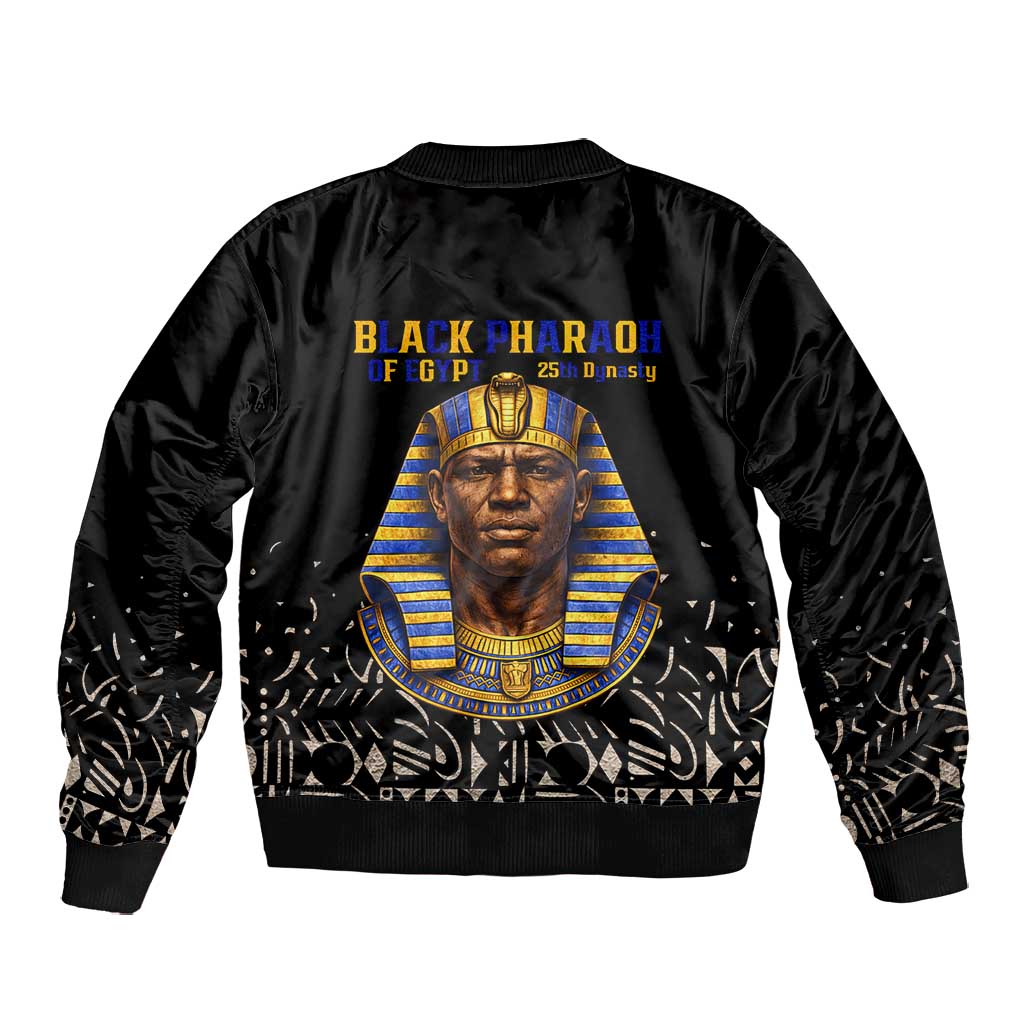 Taharqa Bomber Jacket with Black Pharaoh Portrait, 25th Dynasty of Egypt Text and Nubian-Inspired - Wonder Print Shop