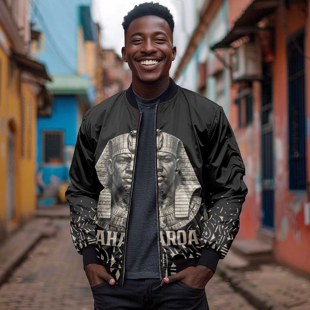 Taharqa Bomber Jacket with Black Pharaoh Portrait, 25th Dynasty of Egypt Text and Nubian-Inspired - Wonder Print Shop
