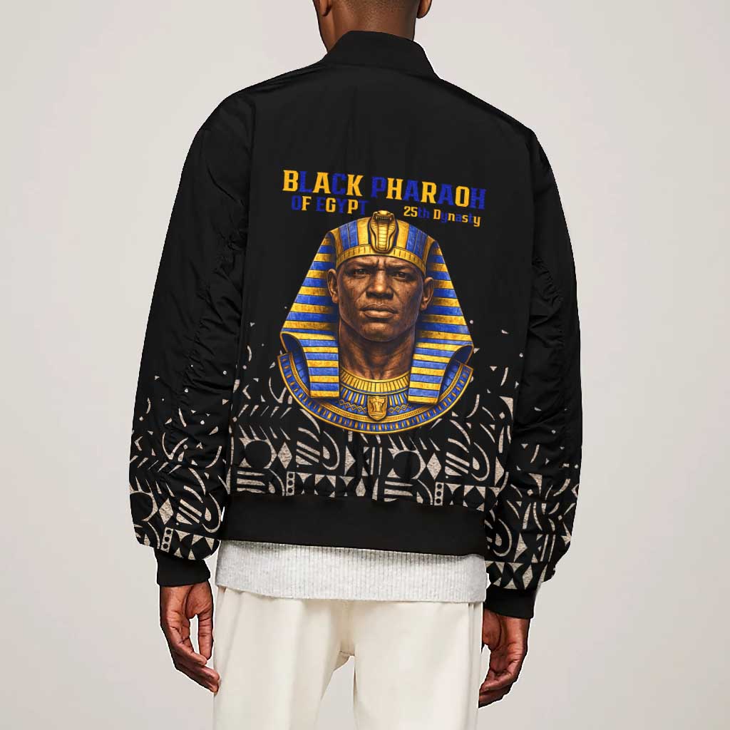 Taharqa Bomber Jacket with Black Pharaoh Portrait, 25th Dynasty of Egypt Text and Nubian-Inspired - Wonder Print Shop