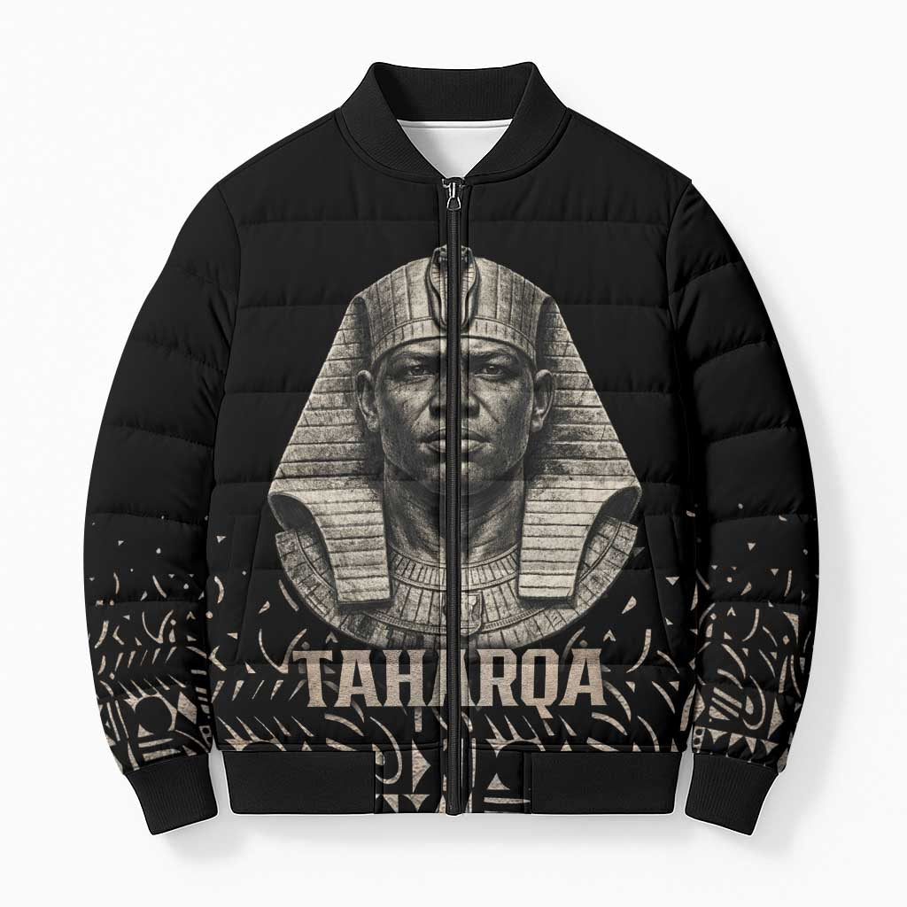 Taharqa Bomber Puffer Jacket with Black Pharaoh Portrait, 25th Dynasty of Egypt Text and Nubian-Inspired - Wonder Print Shop