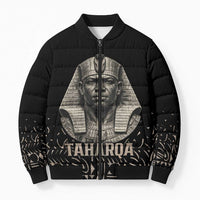 Taharqa Bomber Puffer Jacket with Black Pharaoh Portrait, 25th Dynasty of Egypt Text and Nubian-Inspired - Wonder Print Shop