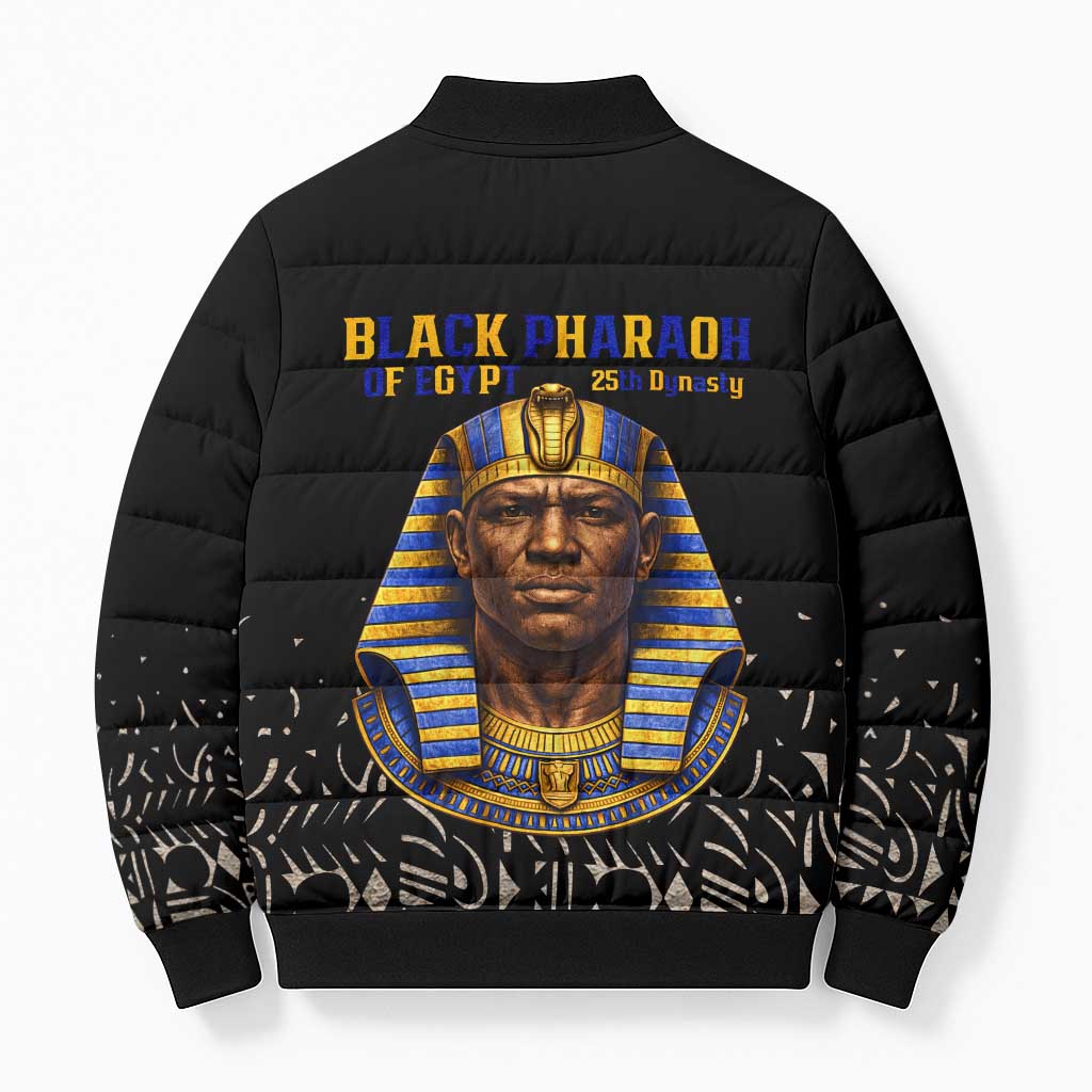 Taharqa Bomber Puffer Jacket with Black Pharaoh Portrait, 25th Dynasty of Egypt Text and Nubian-Inspired - Wonder Print Shop