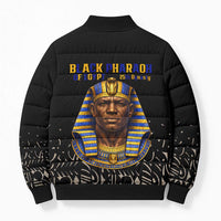 Taharqa Bomber Puffer Jacket with Black Pharaoh Portrait, 25th Dynasty of Egypt Text and Nubian-Inspired - Wonder Print Shop