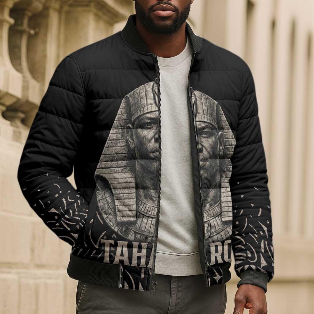 Taharqa Bomber Puffer Jacket with Black Pharaoh Portrait, 25th Dynasty of Egypt Text and Nubian-Inspired - Wonder Print Shop