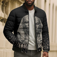 Taharqa Bomber Puffer Jacket with Black Pharaoh Portrait, 25th Dynasty of Egypt Text and Nubian-Inspired - Wonder Print Shop