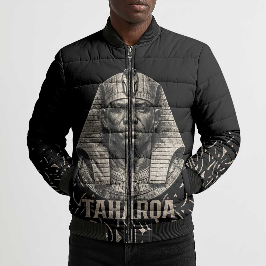 Taharqa Bomber Puffer Jacket with Black Pharaoh Portrait, 25th Dynasty of Egypt Text and Nubian-Inspired - Wonder Print Shop