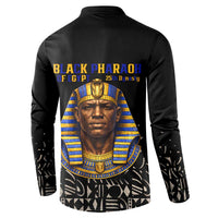 Taharqa Button Sweatshirt with Black Pharaoh Portrait, 25th Dynasty of Egypt Text and Nubian-Inspired