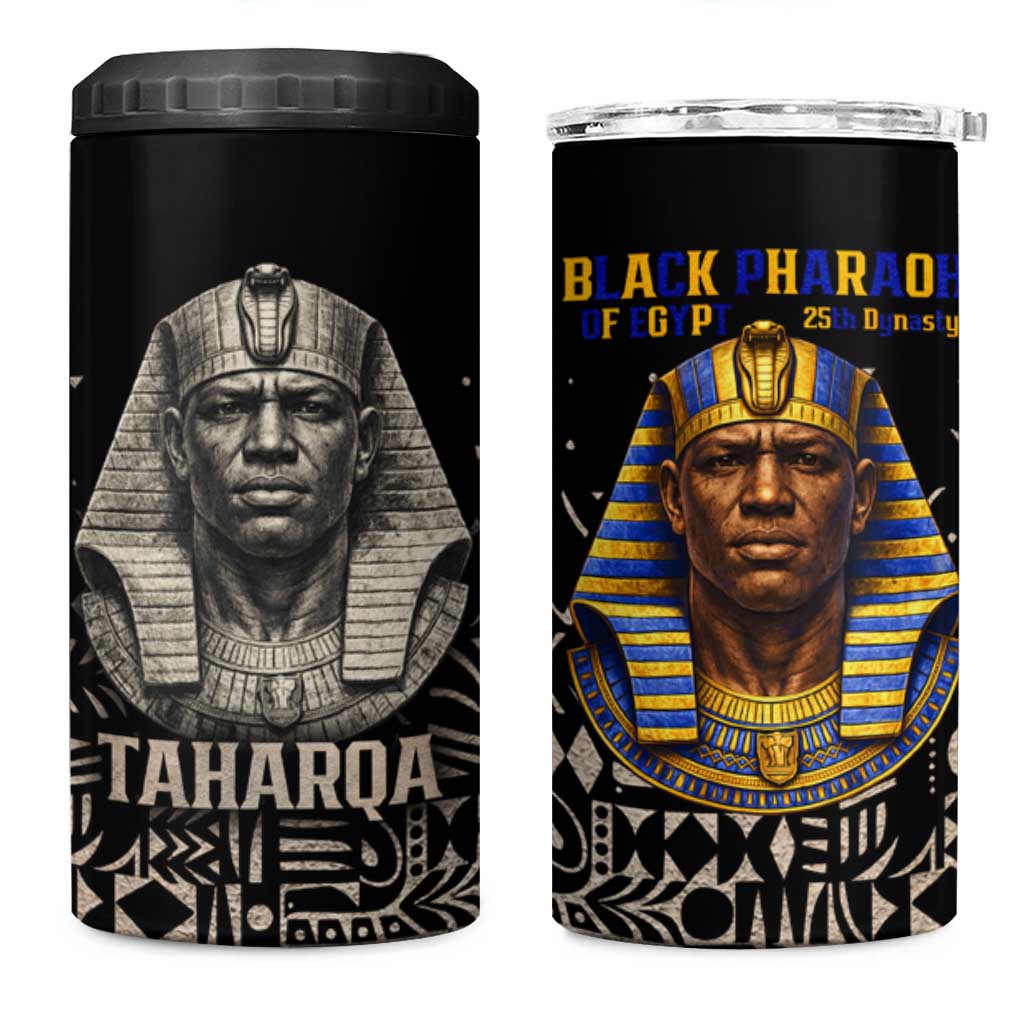 Taharqa 4 in 1 Can Cooler Tumbler with Black Pharaoh Portrait, 25th Dynasty of Egypt Text and Nubian-Inspired - Wonder Print Shop