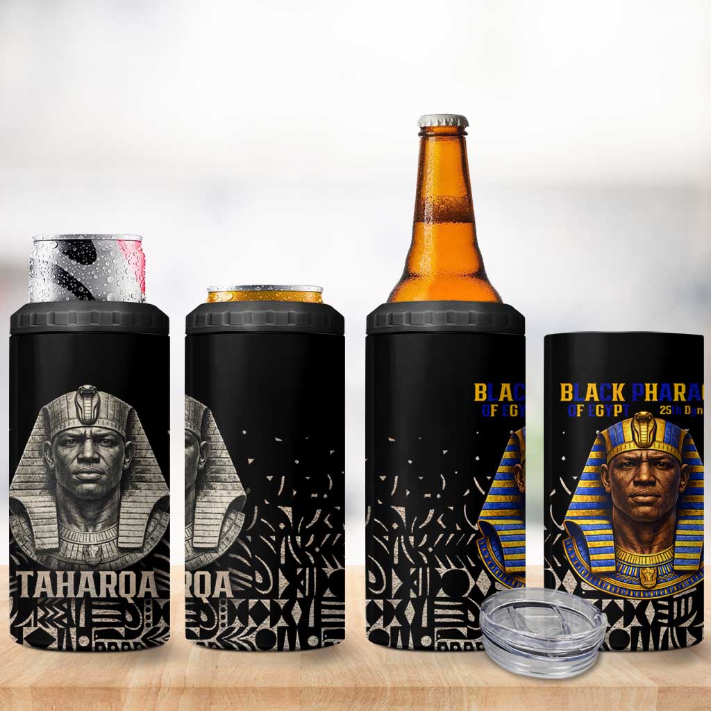 Taharqa 4 in 1 Can Cooler Tumbler with Black Pharaoh Portrait, 25th Dynasty of Egypt Text and Nubian-Inspired - Wonder Print Shop