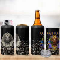 Taharqa 4 in 1 Can Cooler Tumbler with Black Pharaoh Portrait, 25th Dynasty of Egypt Text and Nubian-Inspired - Wonder Print Shop