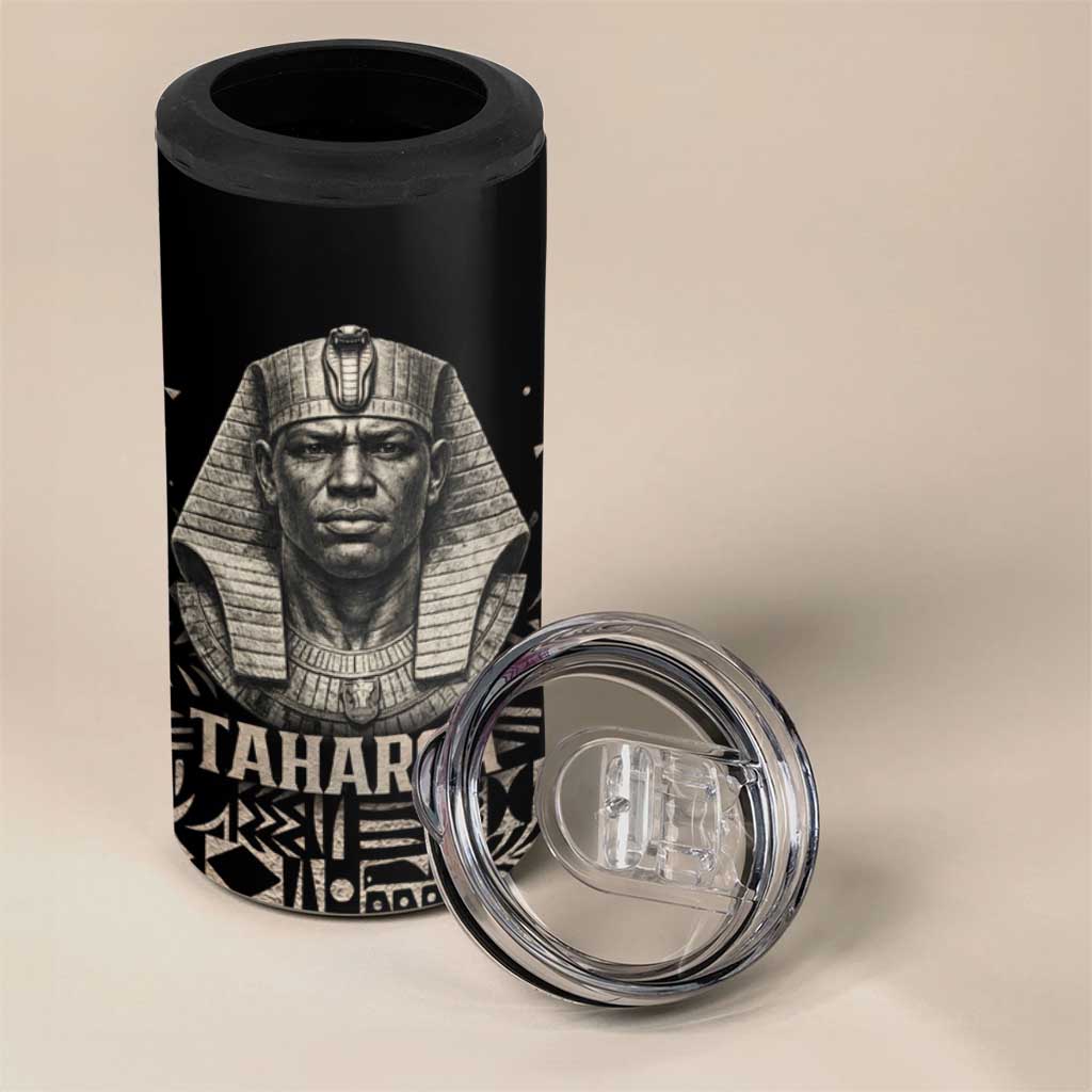 Taharqa 4 in 1 Can Cooler Tumbler with Black Pharaoh Portrait, 25th Dynasty of Egypt Text and Nubian-Inspired - Wonder Print Shop