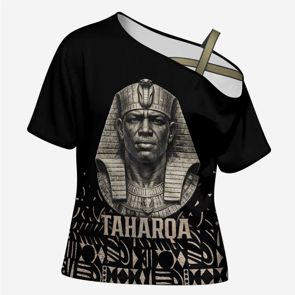 Taharqa Cross Shoulder Shirt with Black Pharaoh Portrait, 25th Dynasty of Egypt Text and Nubian-Inspired - Wonder Print Shop